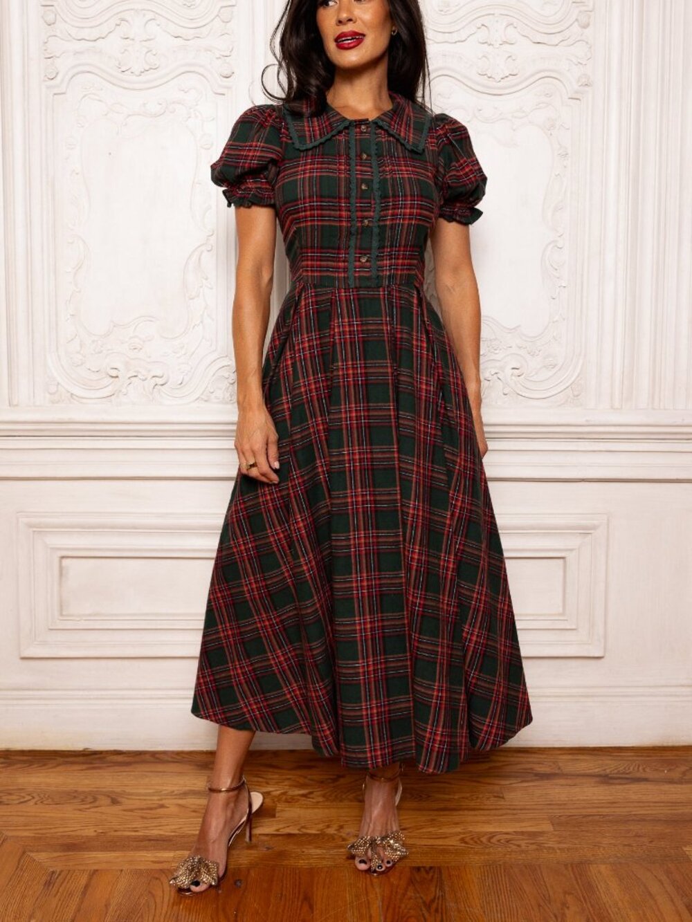 Ivy City Sophia Green and Red Plaid Flannel Button-Front Midi Dress